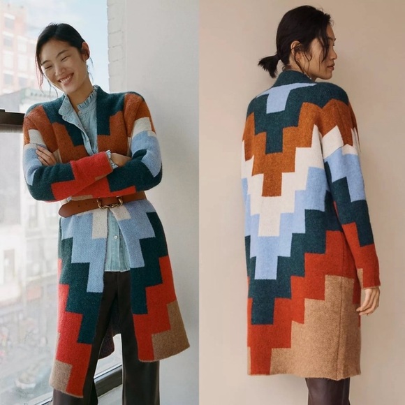 Sita Murt Anthropologie Maxi Length Geo Jacquard Longline Cardigan Sweater 42 - Picture 5 of 15